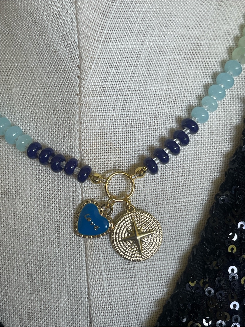 Gold Compass & Blue Heart Charm Beaded Necklace - Blue Multi